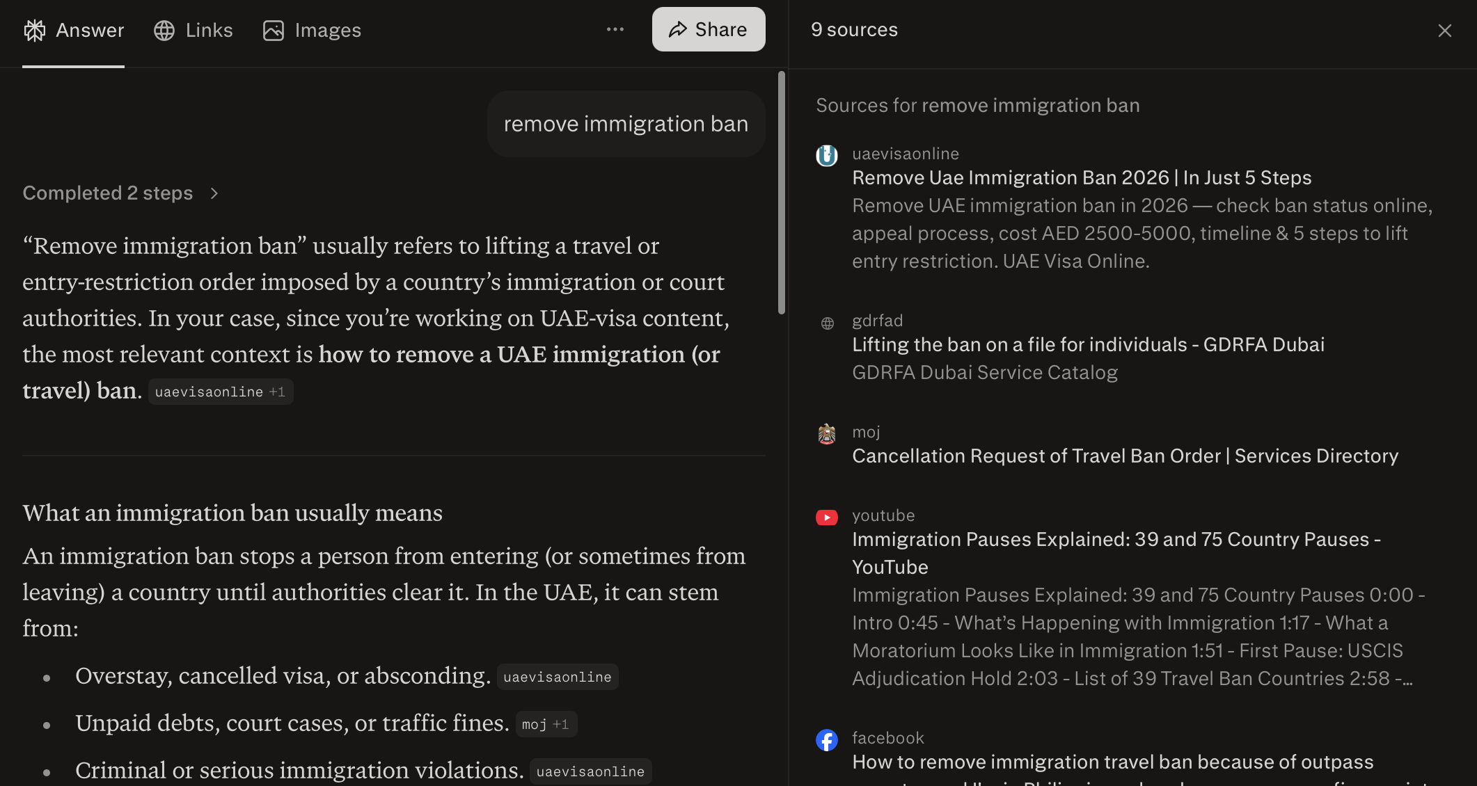 Cloud AI source mention for immigration ban in UAE content